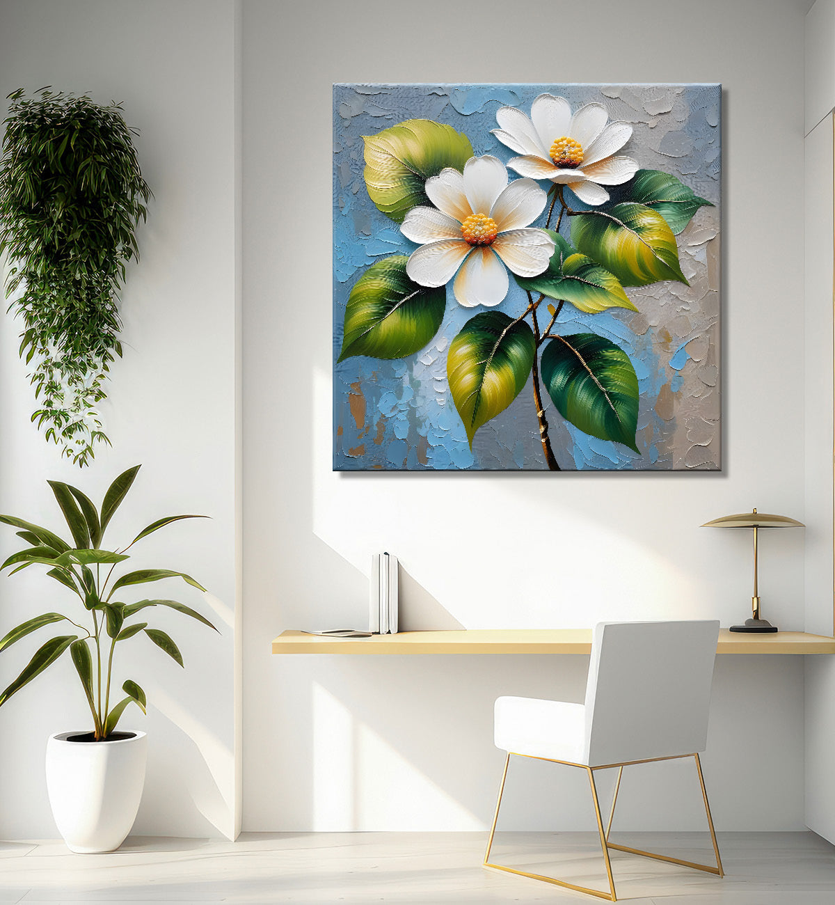 White flowers with blue textured painting - Flower-S-610