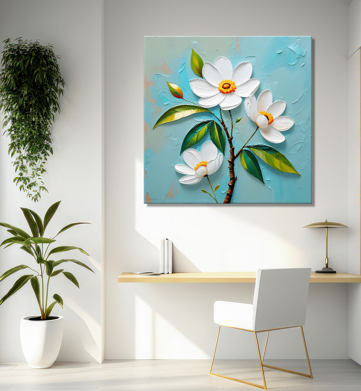 White flowers with blue textured painting - Flower-S-611