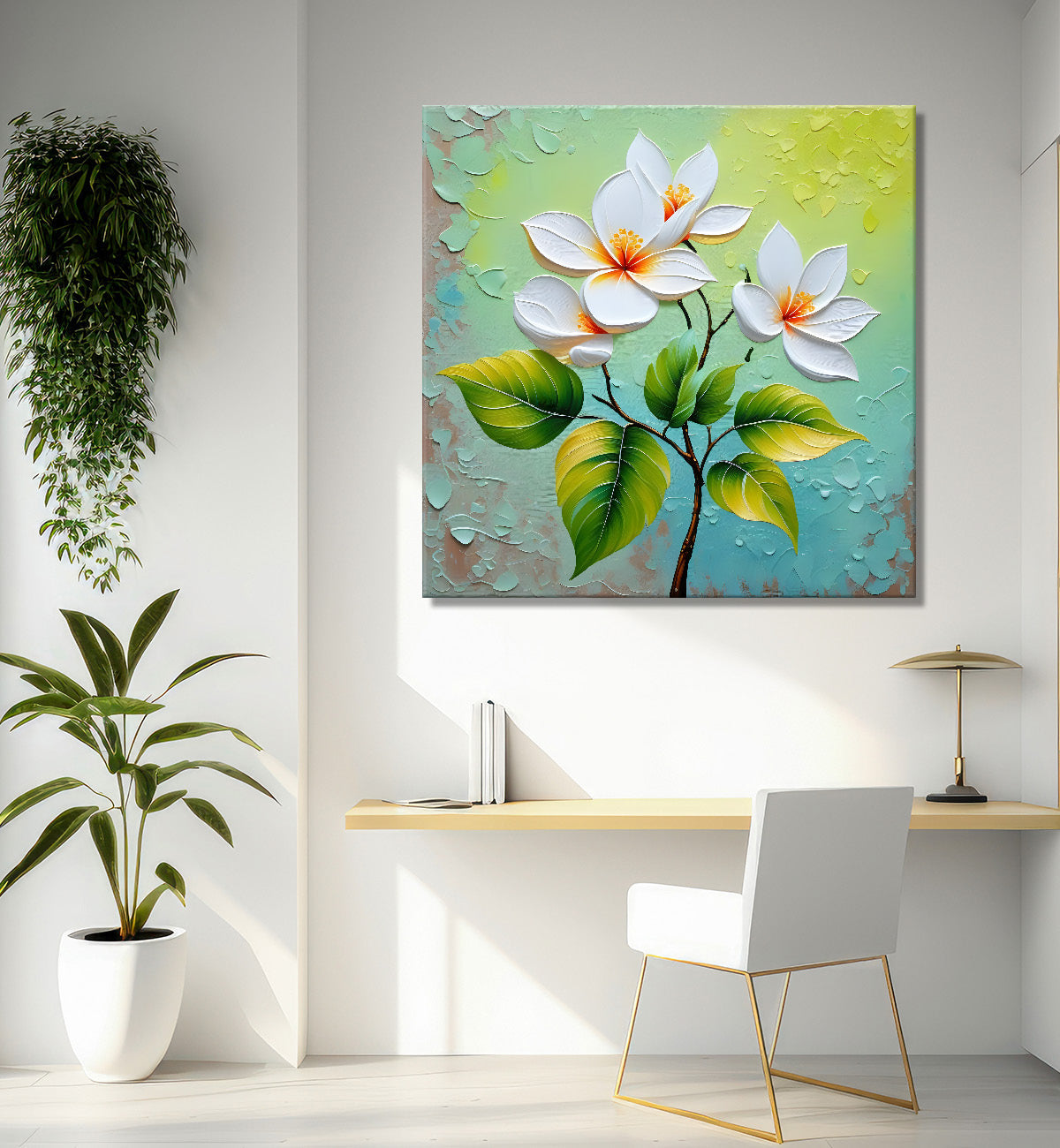 White flowers with blue textured painting - Flower-S-612