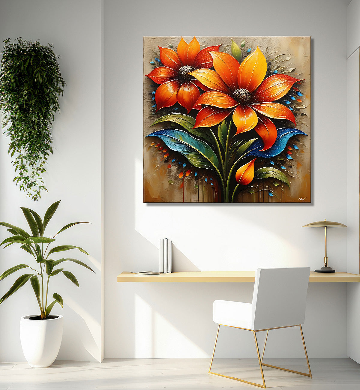 Orange flowers with brown textured painting- Flower-S-613