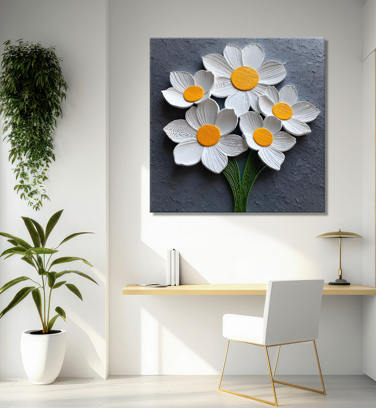 White flowers with grey textured painting - Flower-S-618