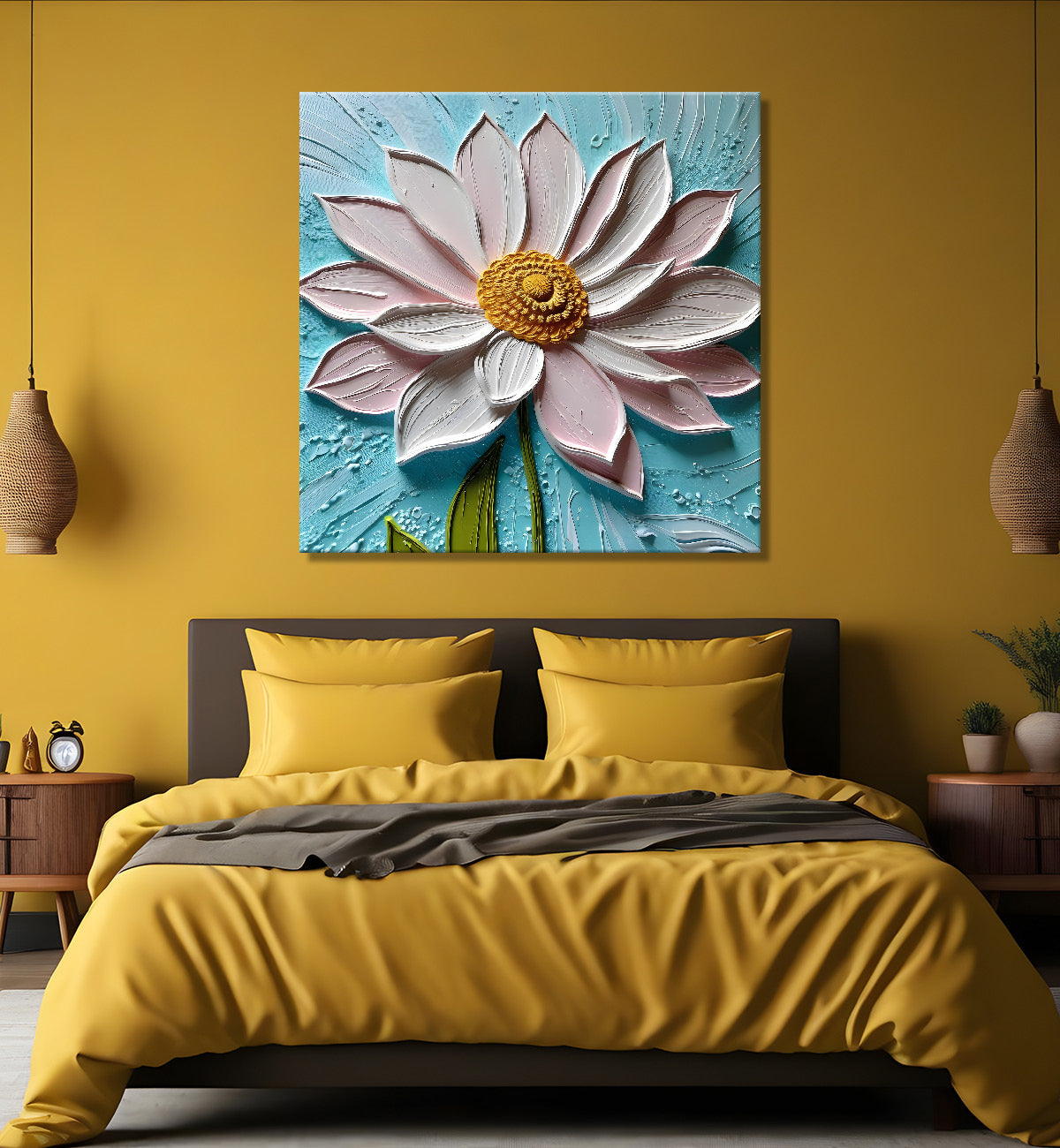 Pink flower in blue background textured painting  - Flower-S-1