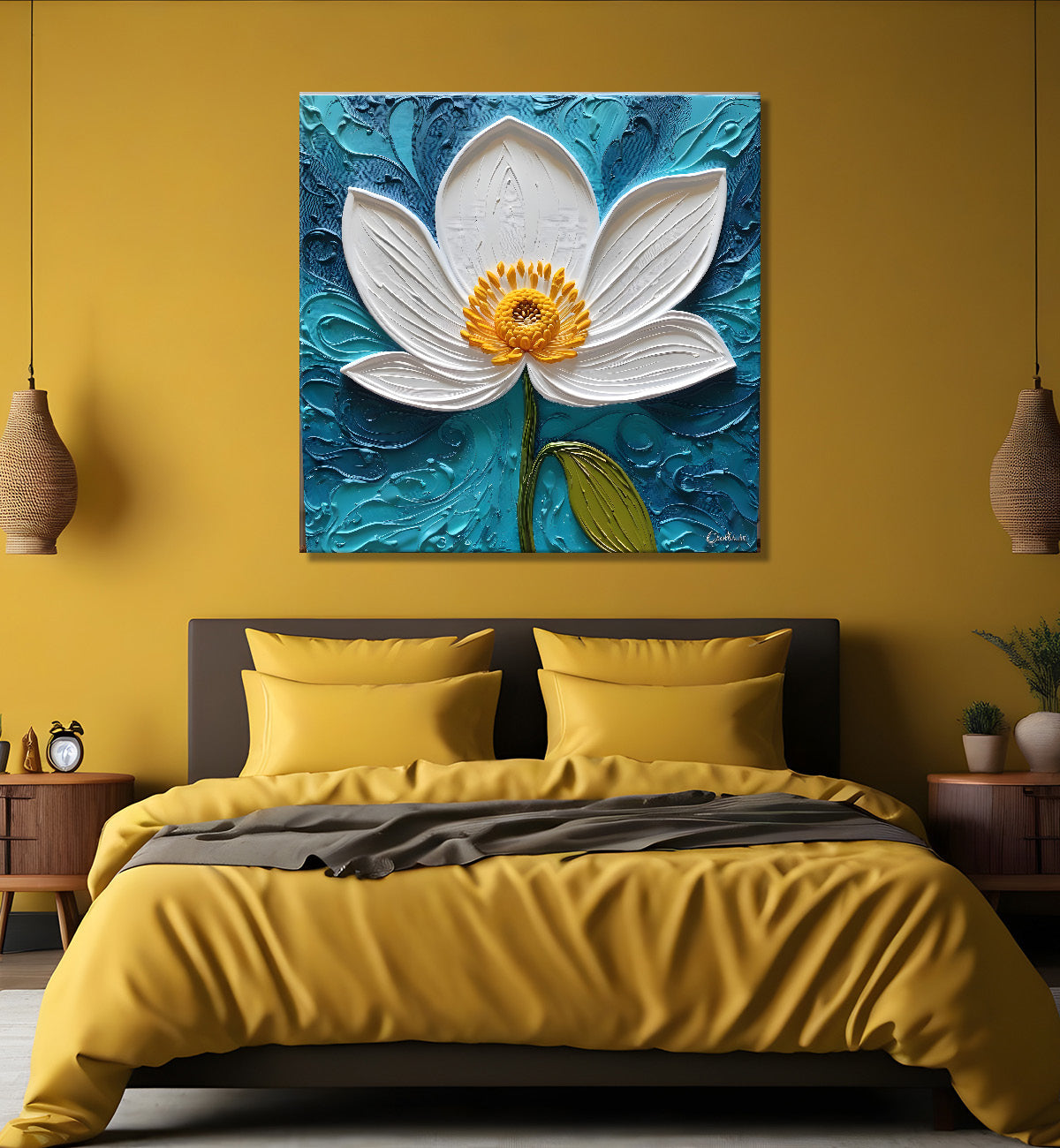 White flower in blue background textured painting - Flower-S-2