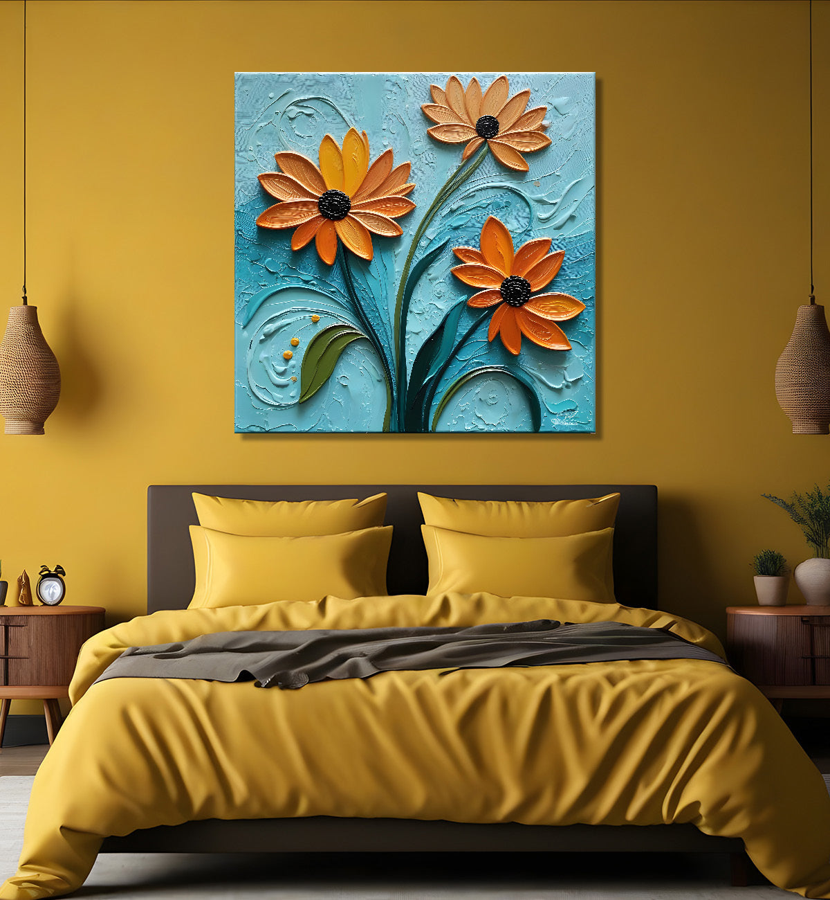 Orange flowers in blue background textured painting  - Flower-S-3