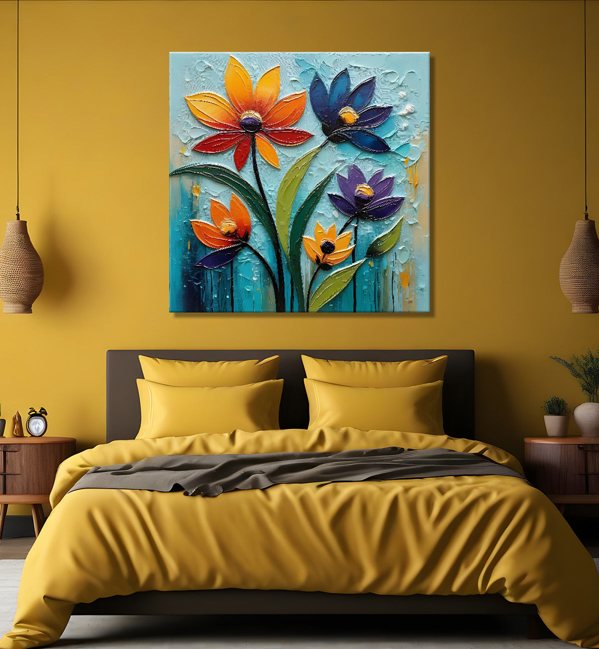 Colourful flowers in blue background textured painting  - Flower-S-4