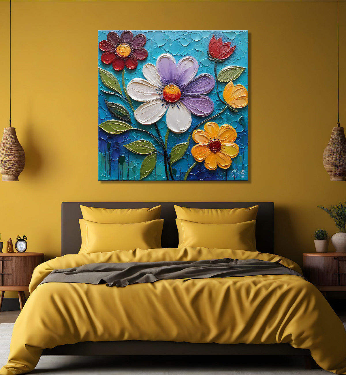 Colourful flowers in blue background textured painting  - Flower-S-6