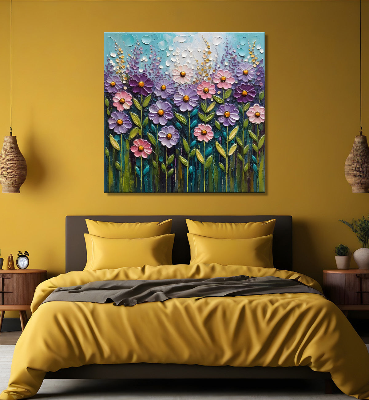 Purple flowers in blue background textured painting - Flower-S-7