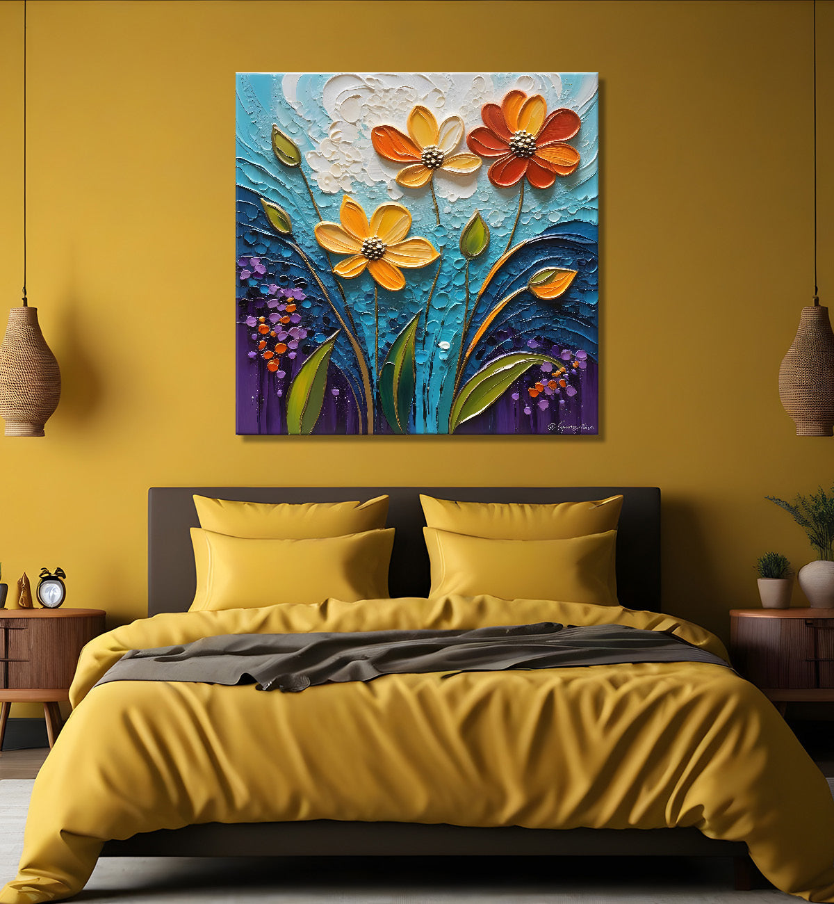 Colourful flowers in blue background textured painting  - Flower-S-8