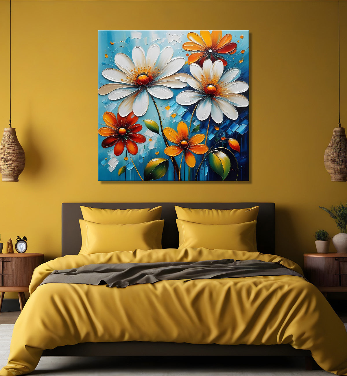 White and orange flowers in blue background textured painting  - Flower-S-10