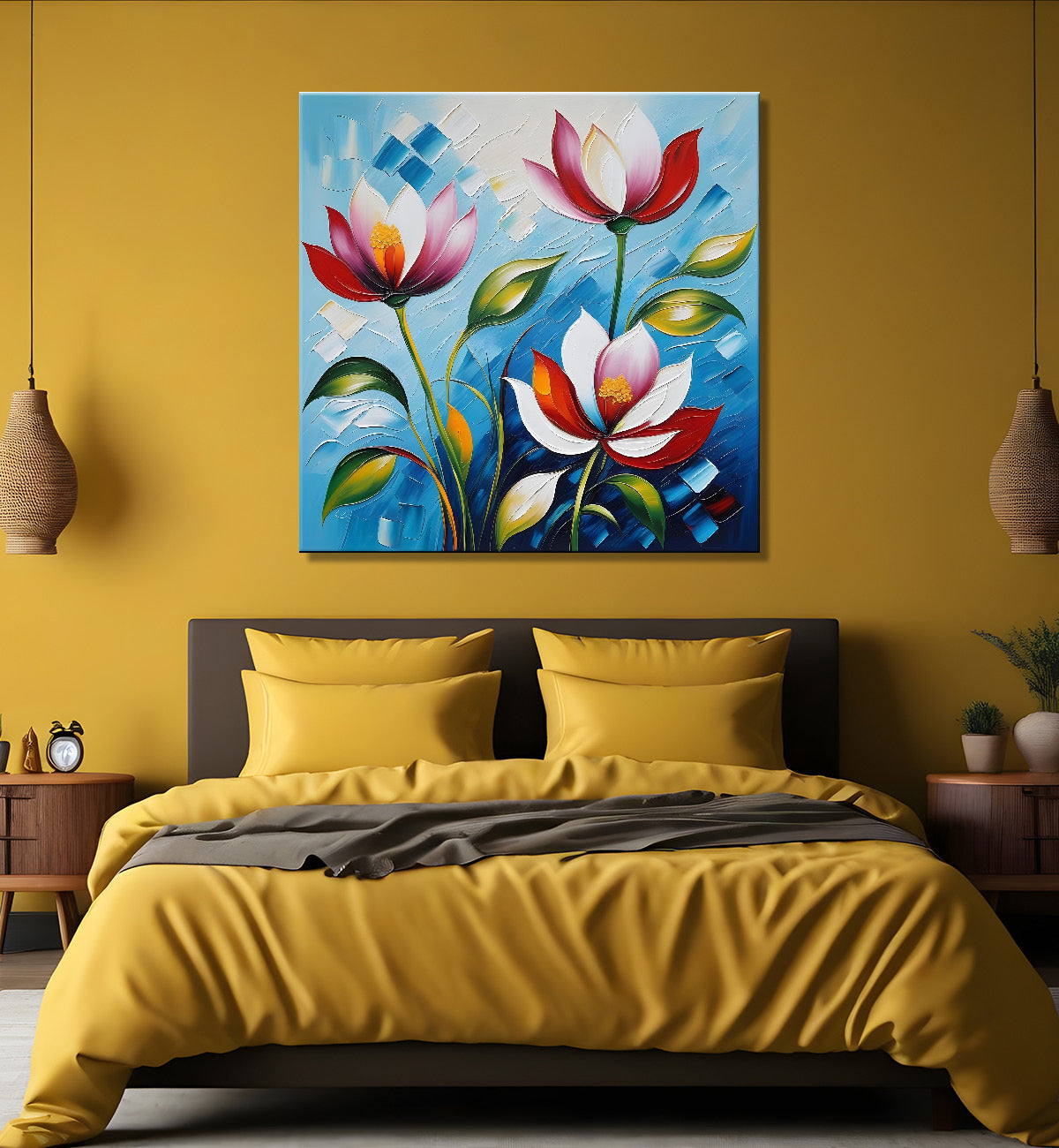 Pink flowers in blue background textured painting - Flower-S-11