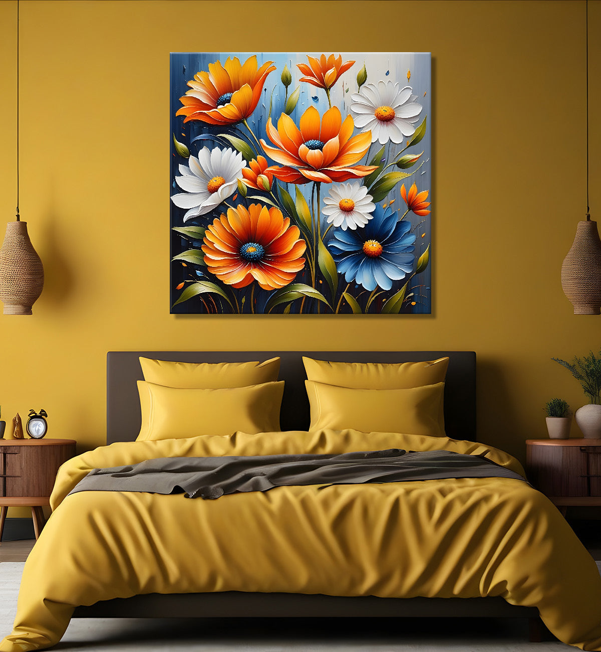 Yellow flowers in blue background textured painting  - Flower-S-13