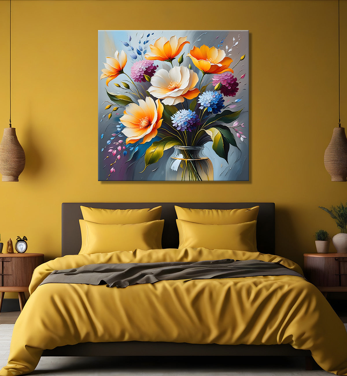 Yellow flowers in blue background textured painting - Flower-S-14