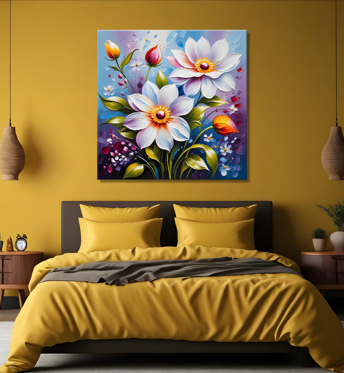 White flowers in blue background textured painting - Flower-S-15