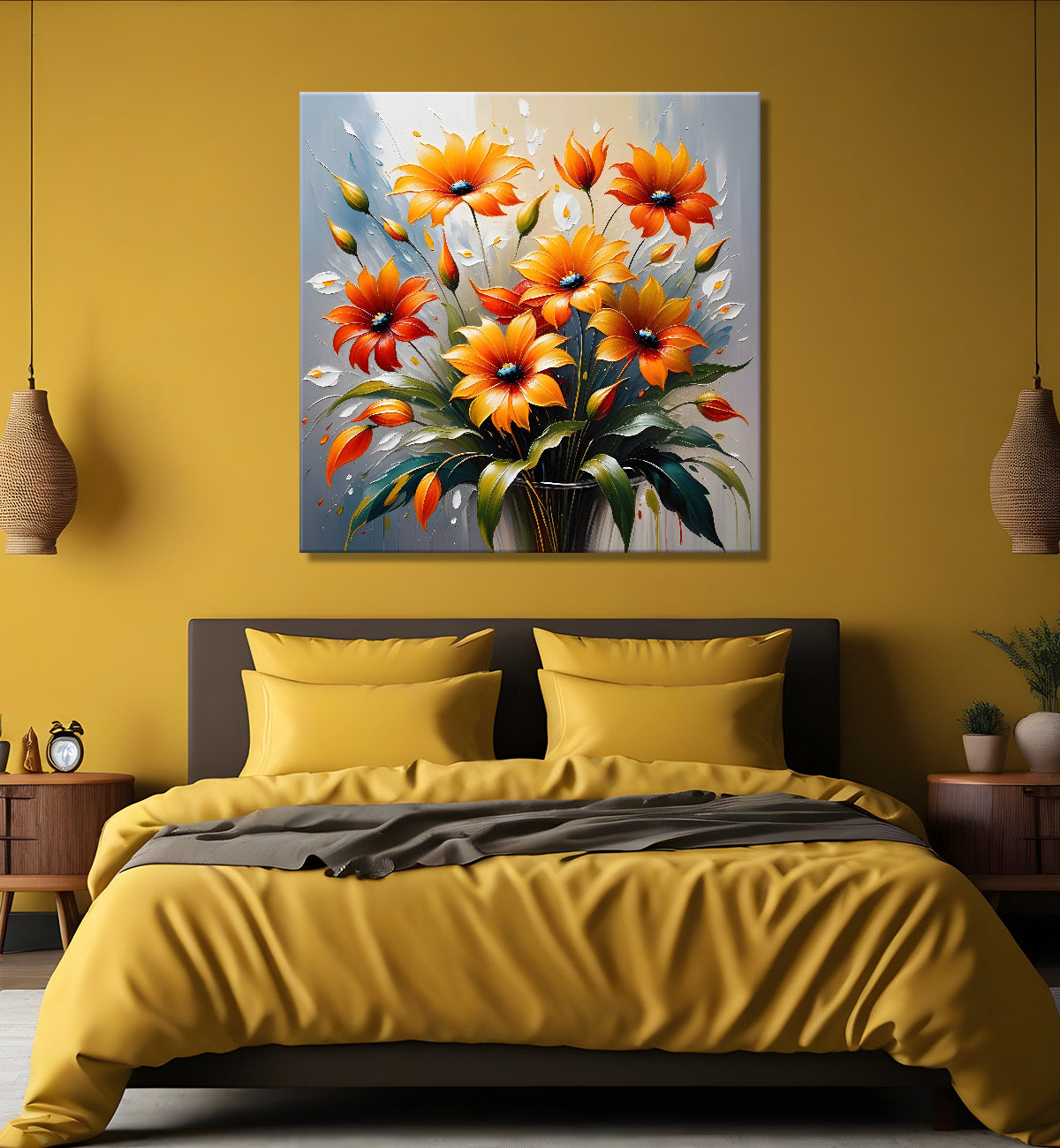 Yellow and orange flowers in grey background textured painting - Flower-S-16