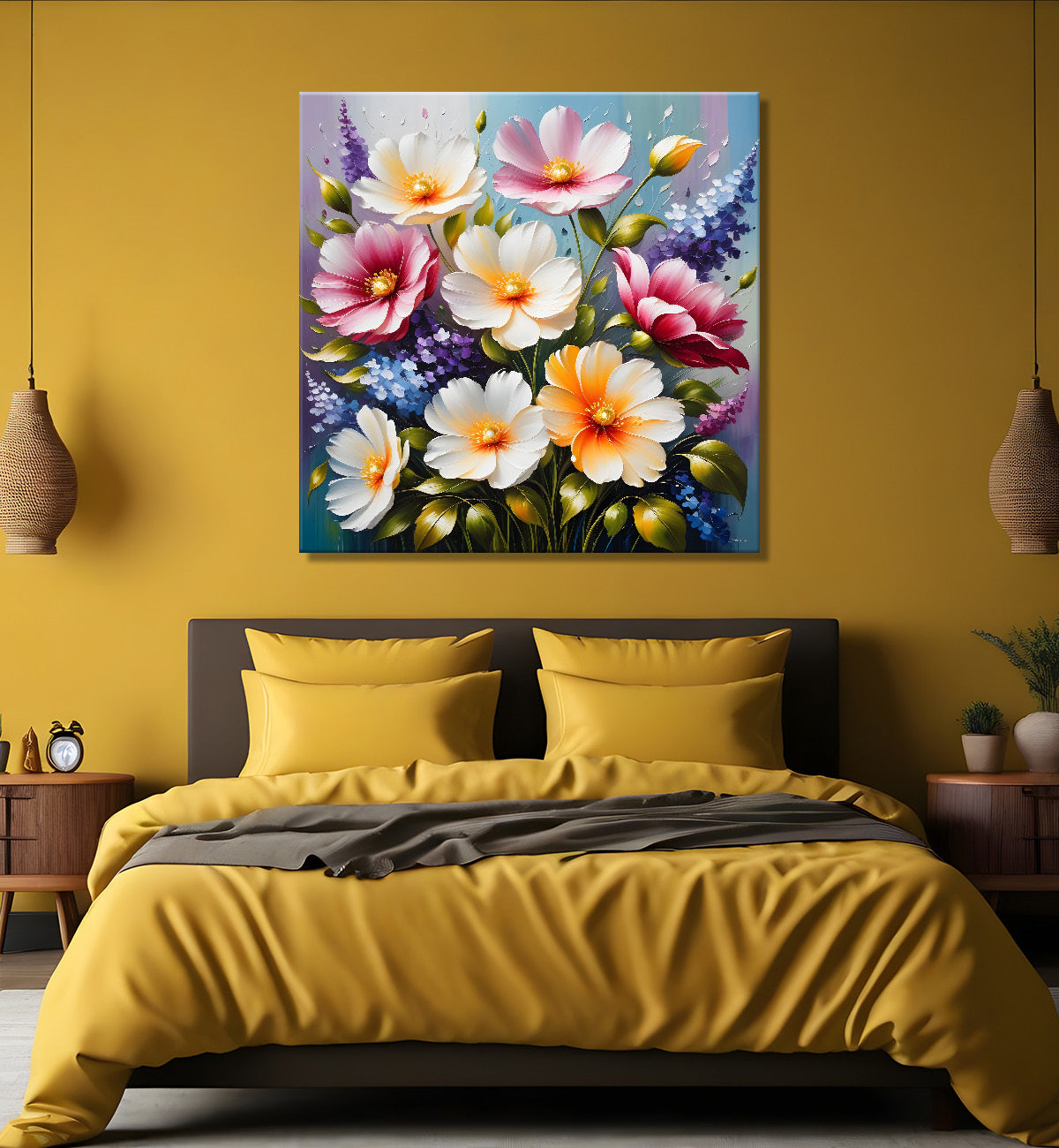 Pink flowers in blue background textured painting  - Flower-S-17