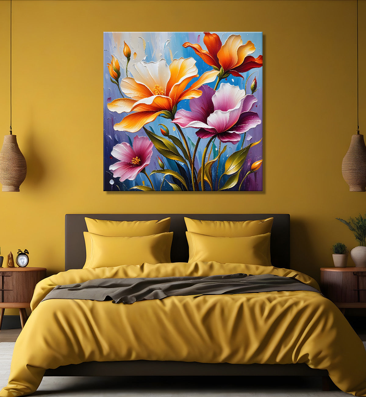 White and purple flowers in blue background textured painting - Flower-S-19