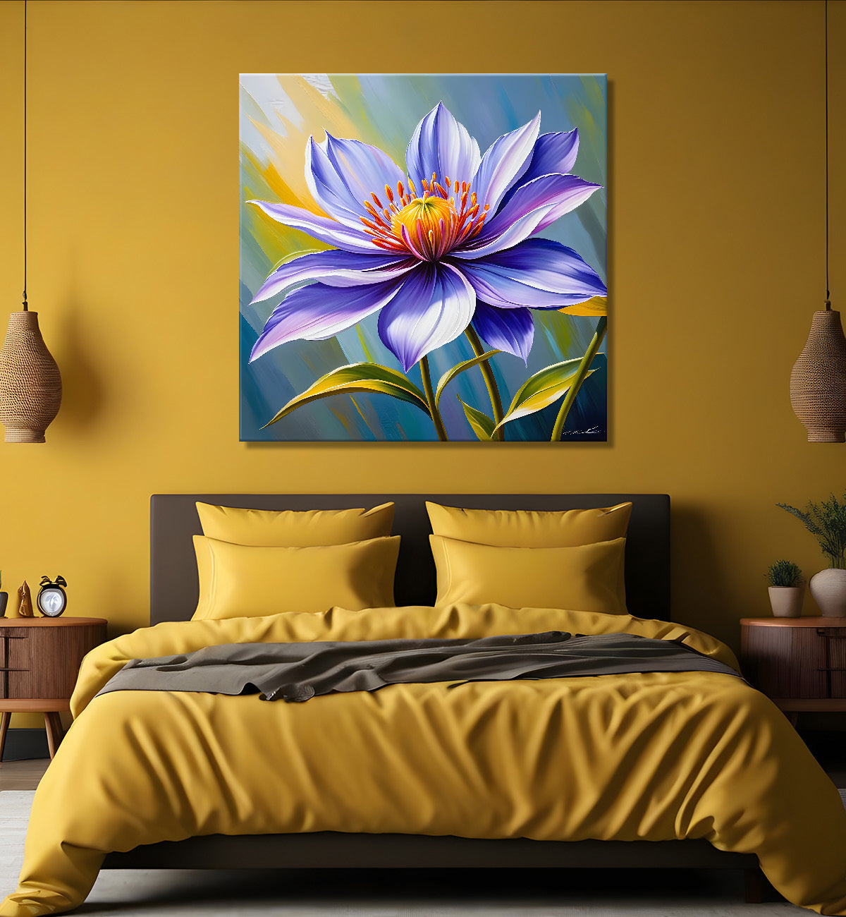 Purple flower in blue background textured painting - Flower-S-20