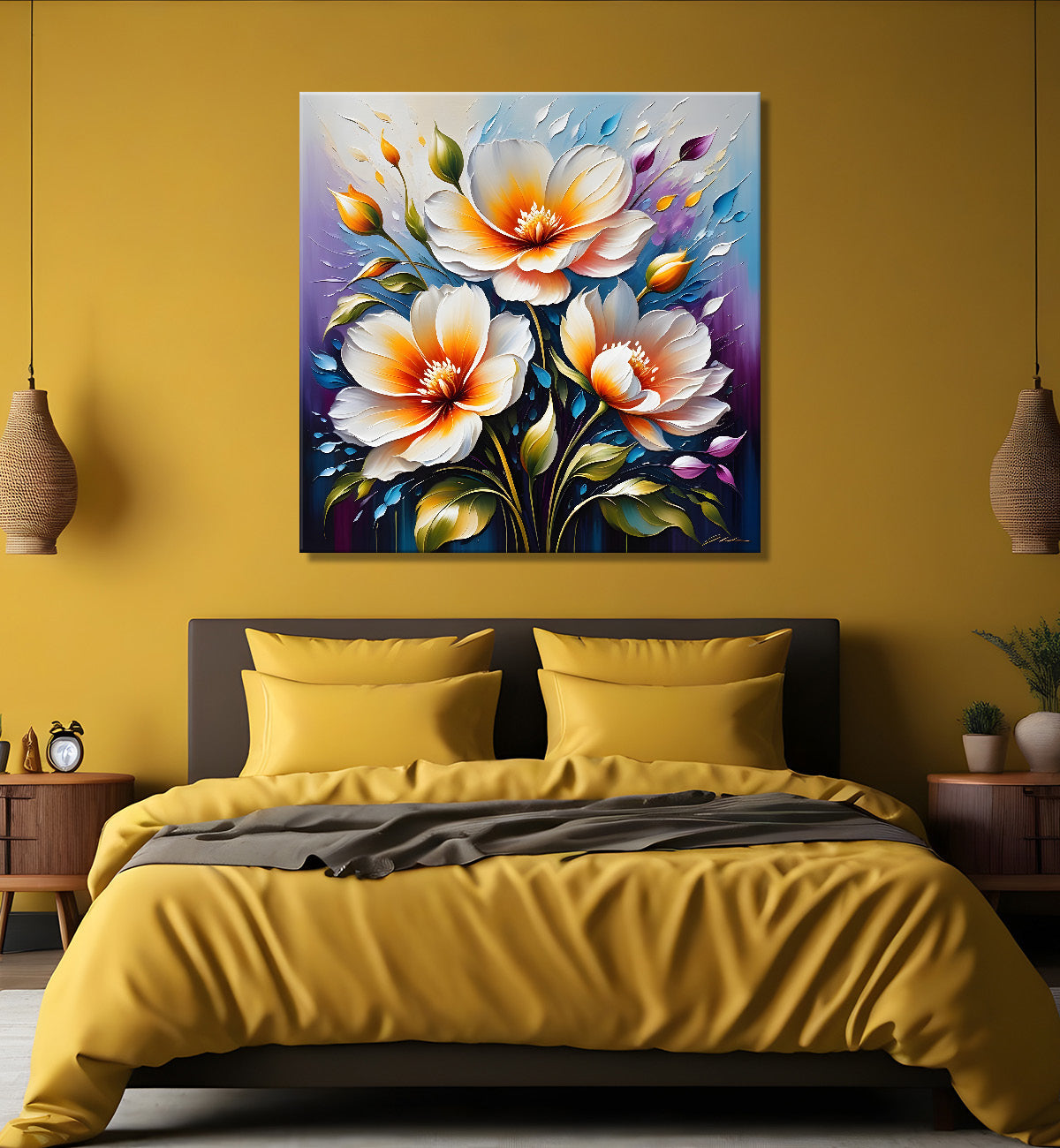 White and purple flowers in blue background textured painting - Flower-S-22