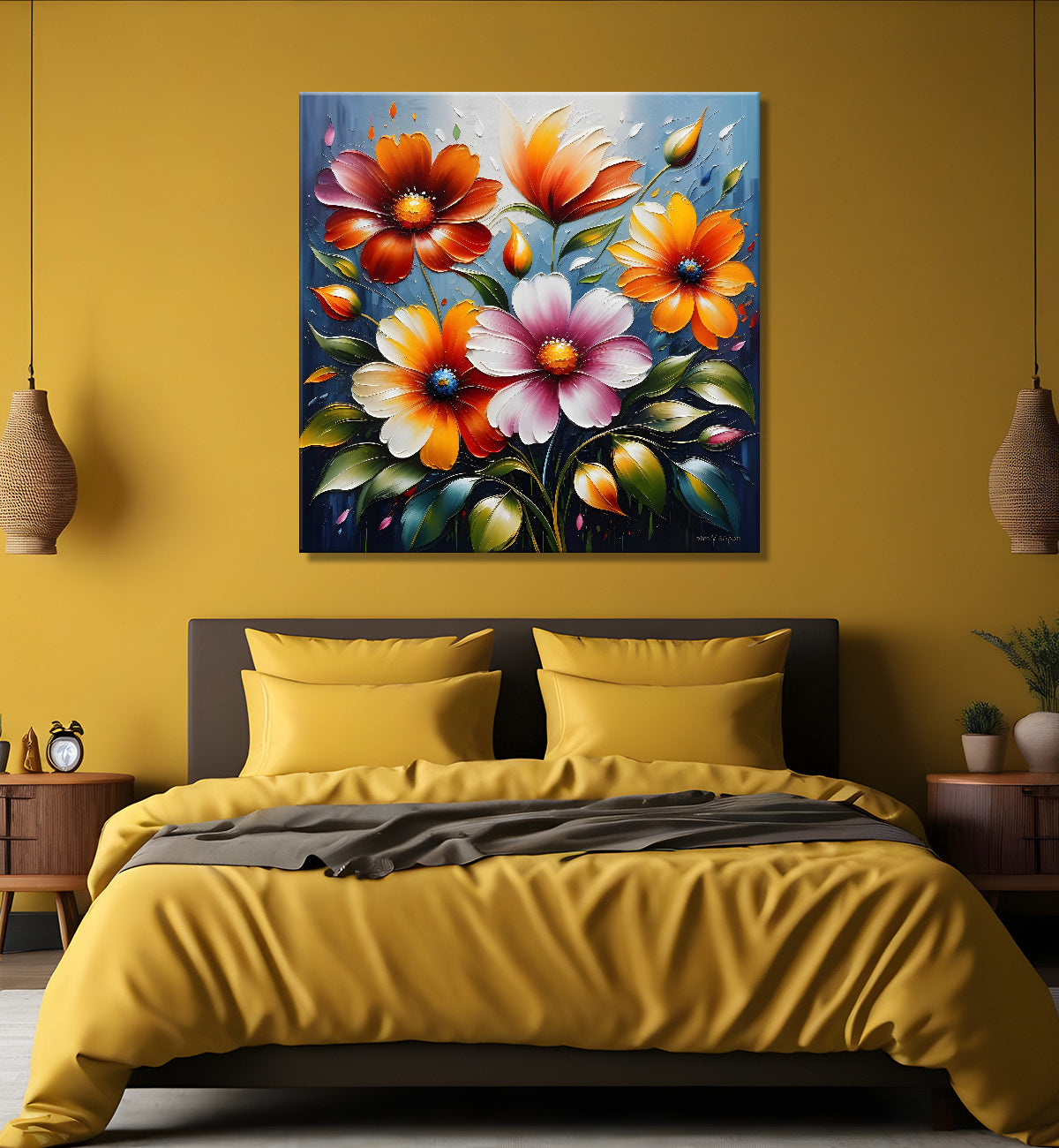 Colourful flowers in blue background textured painting - Flower-S-23