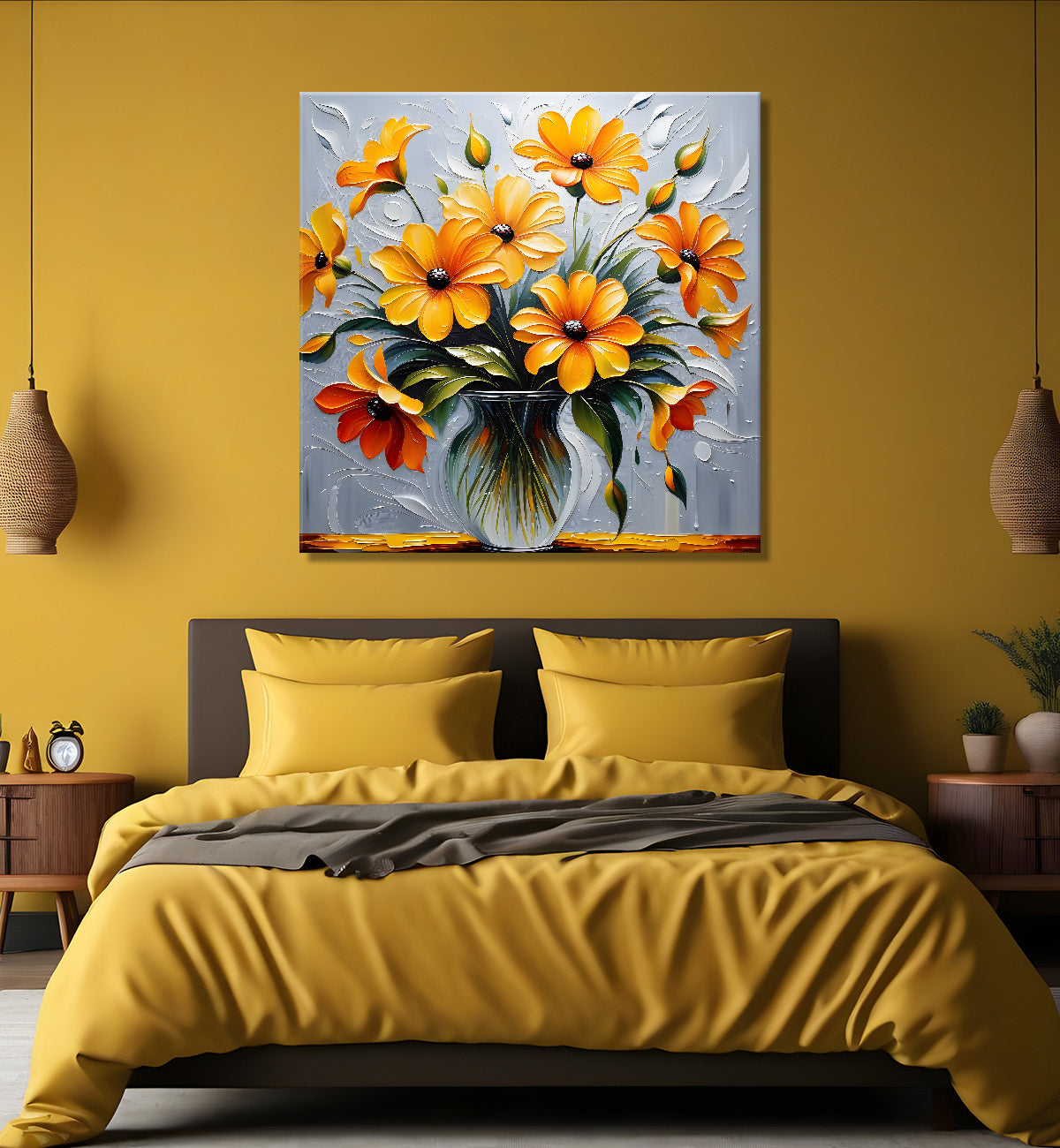 Yellow flowers in a vas with grey background textured painting - Flower-S-24