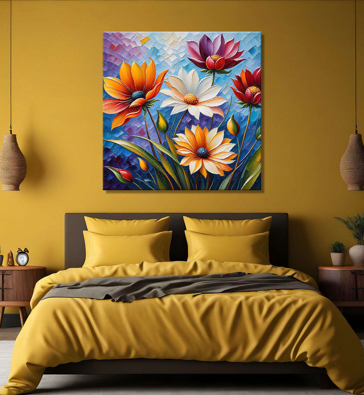 Colourful flowers in blue background textured painting - Flower-S-25