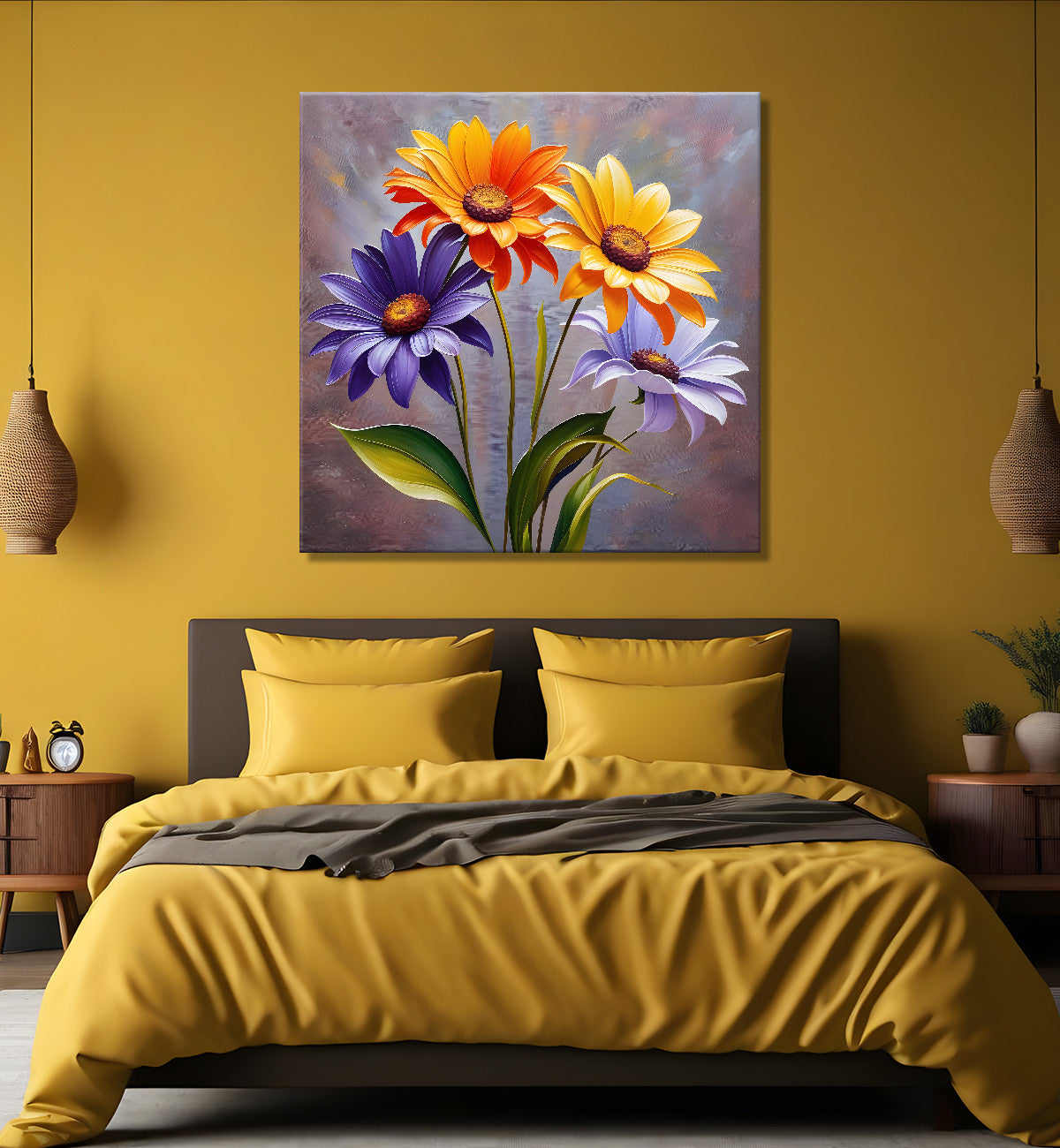 Colourful flowers in light brown background textured painting - Flower-S-26