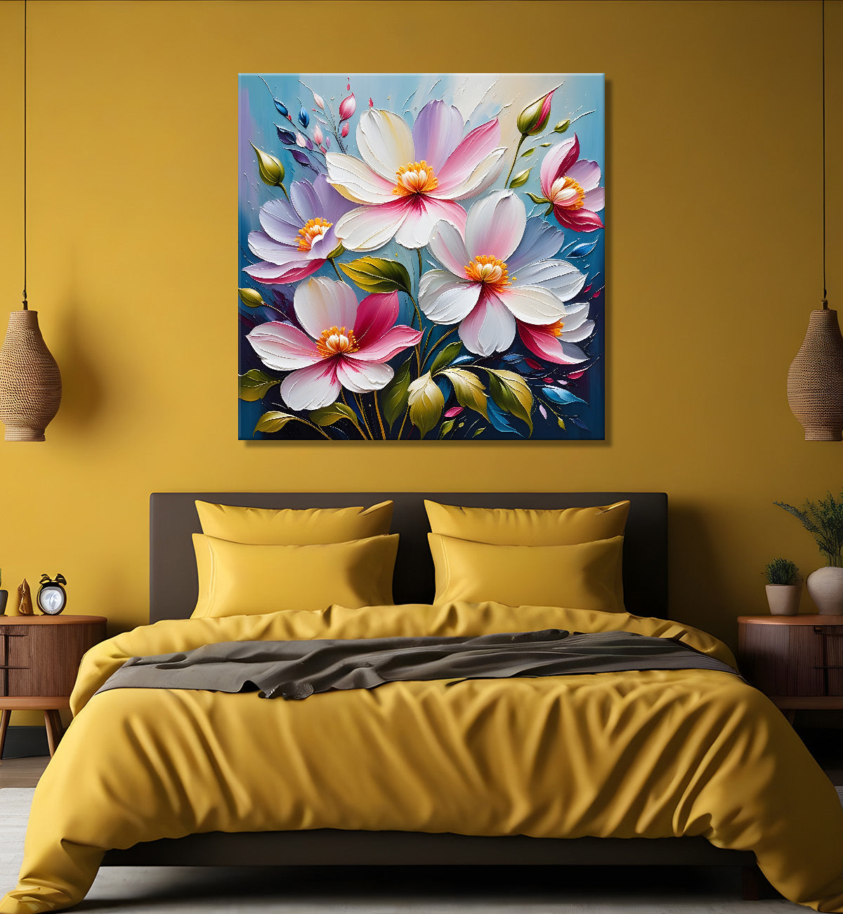 White flowers in blue background textured painting  - Flower-S-28