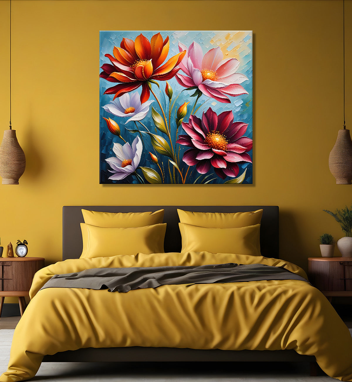 Red with pink flowers in blue background textured painting - Flower-S-30