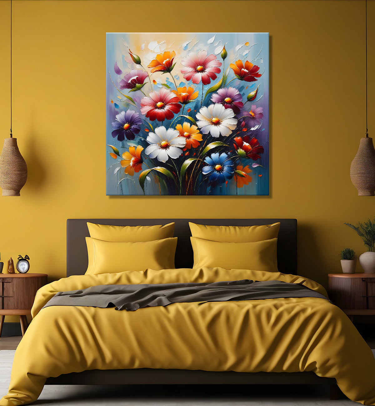 Colourful flowers in blue background textured painting  - Flower-S-31