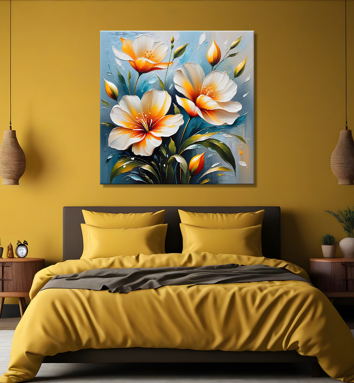 Peach flowers in blue background textured painting  - Flower-S-32