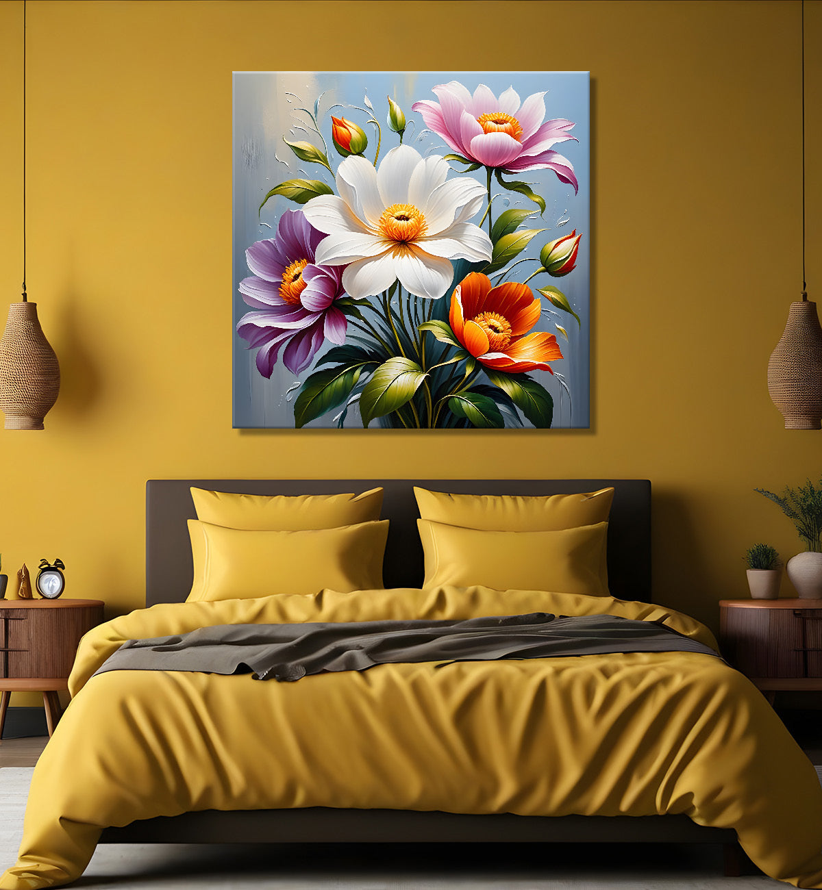 Colourful flowers in blue background textured painting  - Flower-S-33