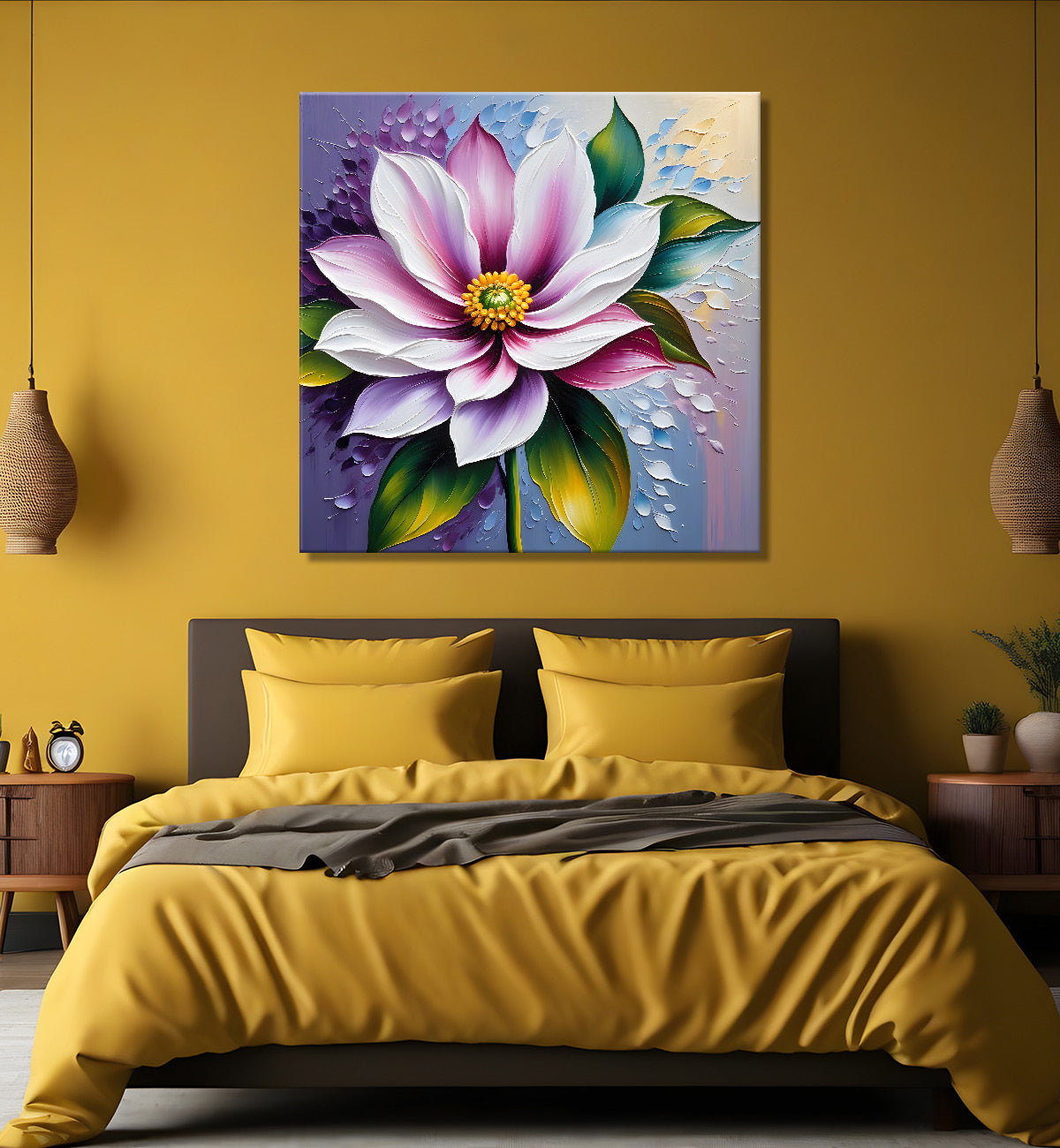 Purple flower in blue background textured painting  - Flower-S-34