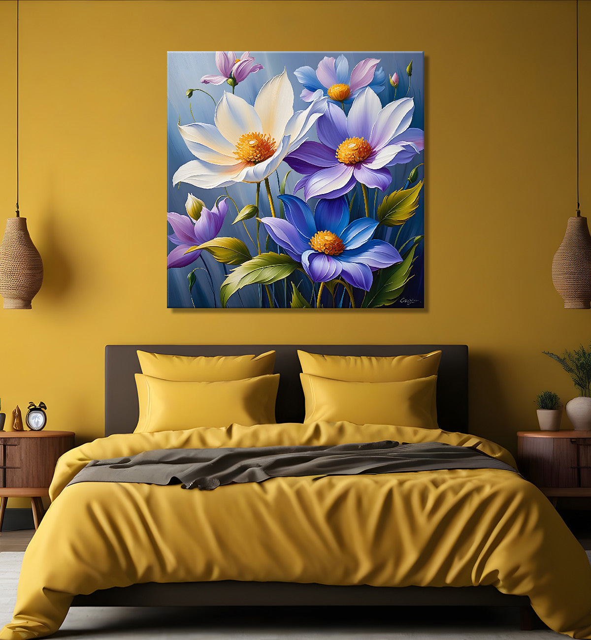 White and purple flowers in blue background textured painting  - Flower-S-35