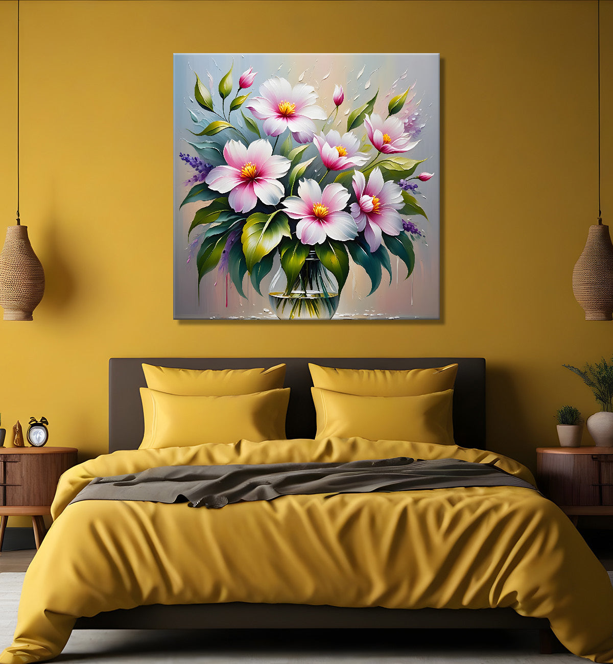 Pink flowers in blue background textured painting - Flower-S-36