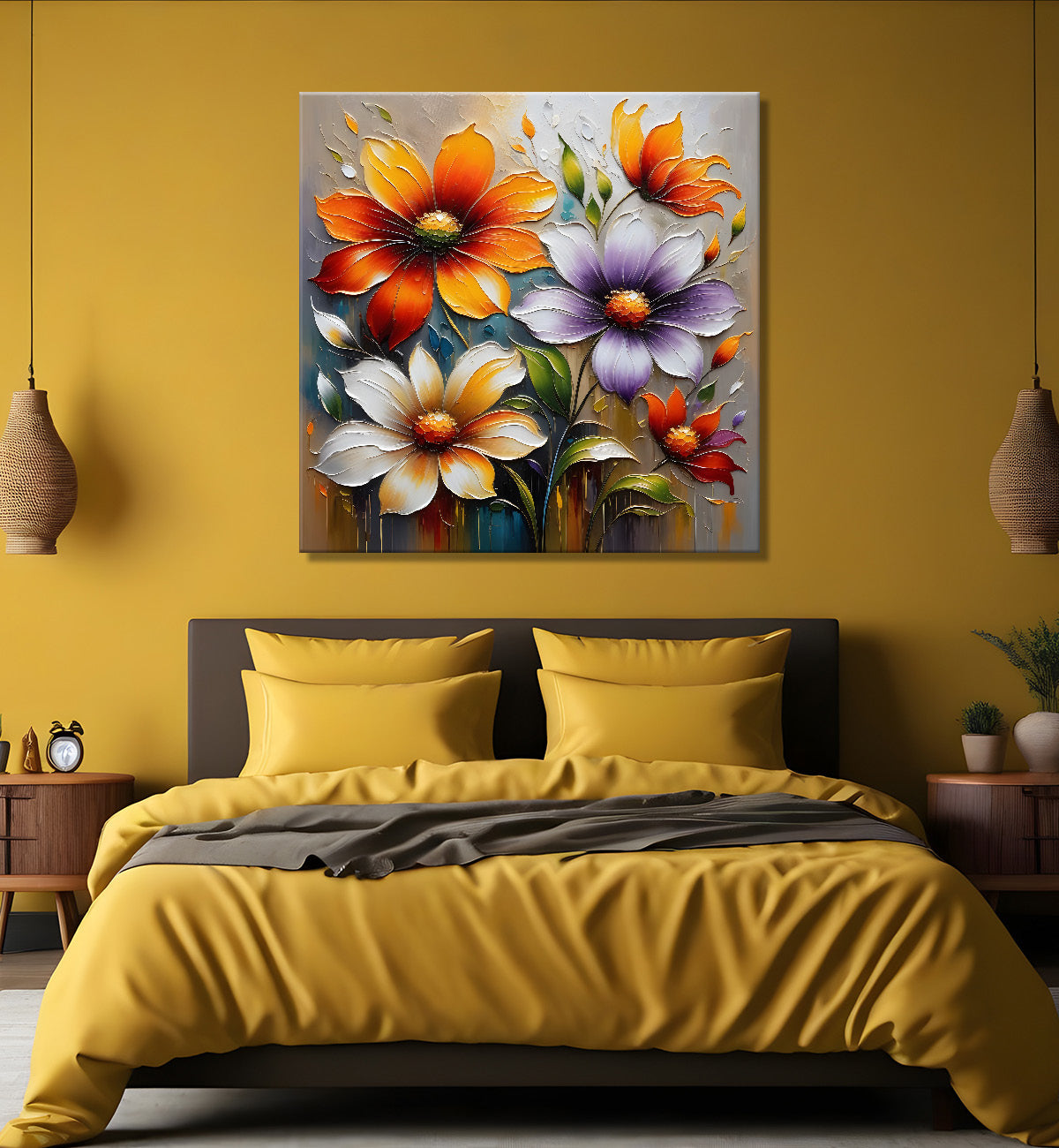 Colourful flowers in blue background textured painting - Flower-S-37