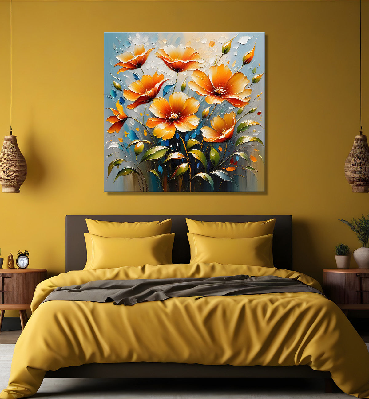 Orange flowers in blue background textured painting - Flower-S-38