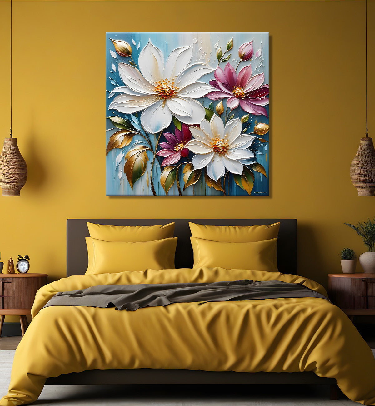 White and purple flowers in blue background textured painting  - Flower-S-40