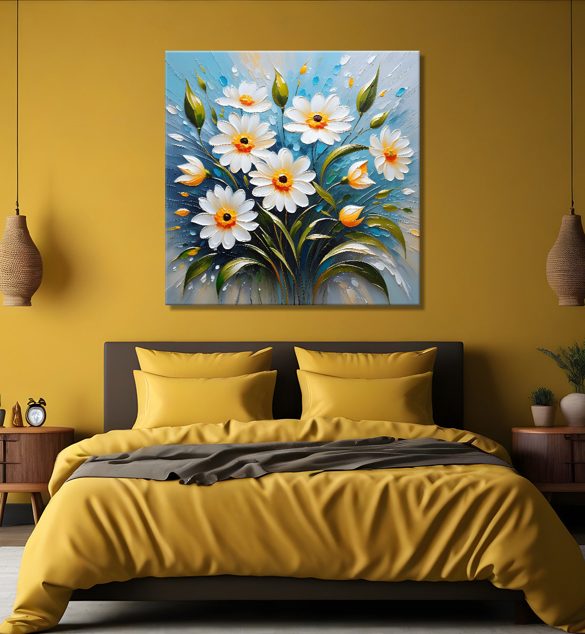 White flowers in blue background textured painting   - Flower-S-41