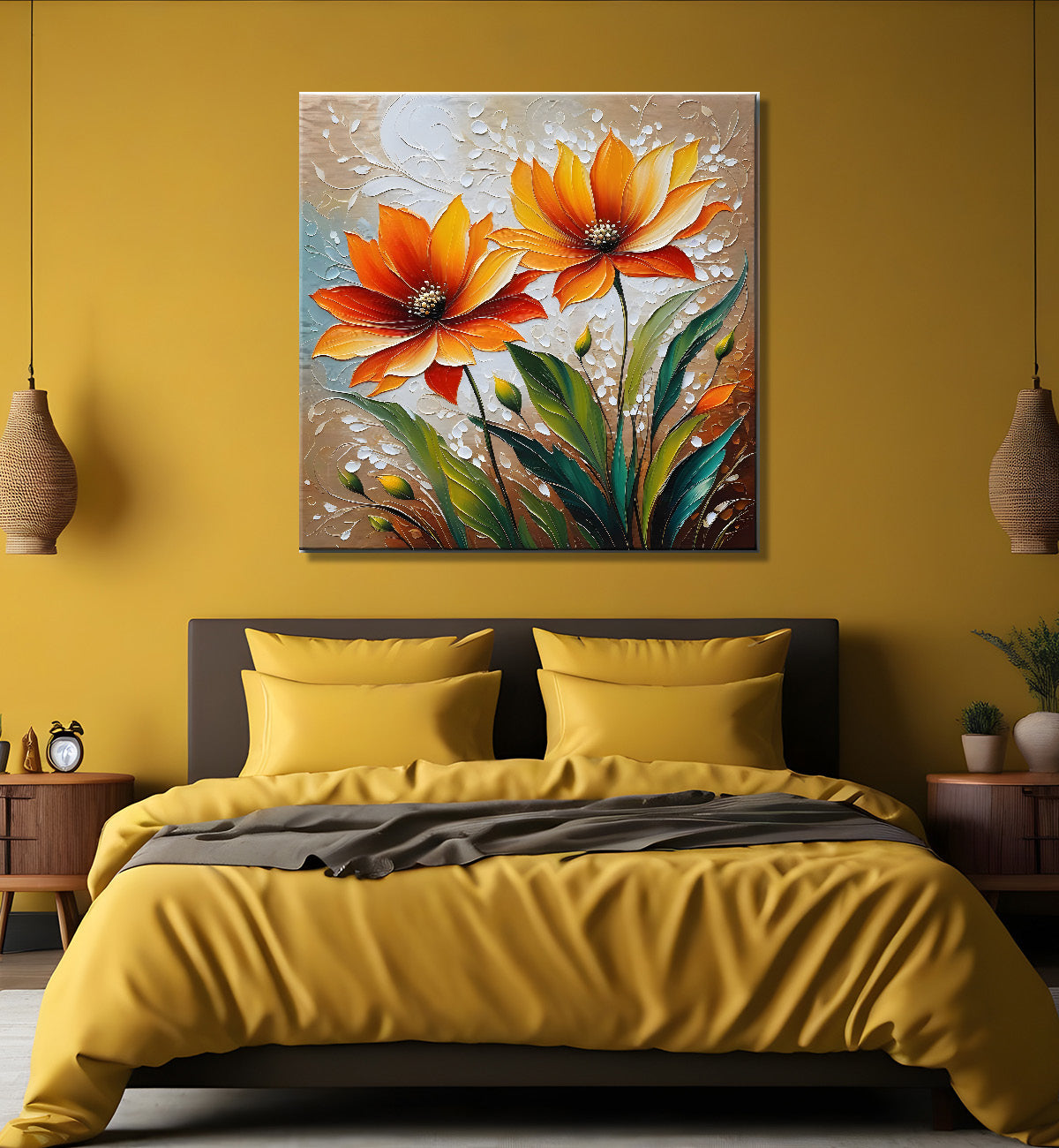 Orange flowers in light background textured painting - Flower-S-43