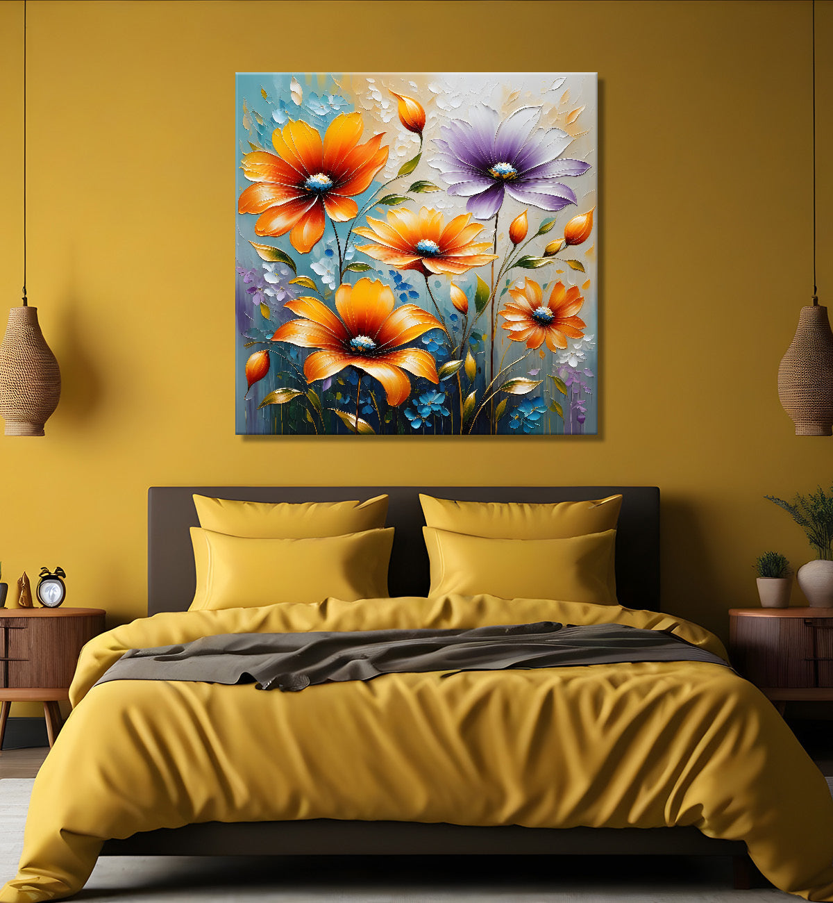 Yellow flowers in blue background textured painting - Flower-S-44