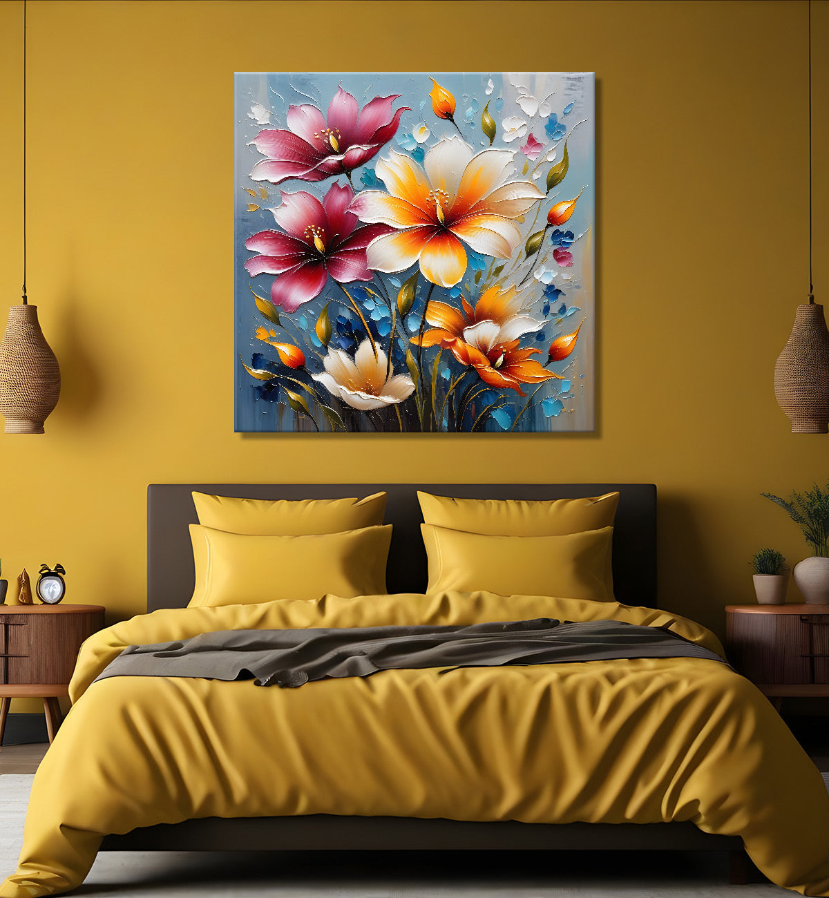 Colourful flowers in blue background textured painting  - Flower-S-45