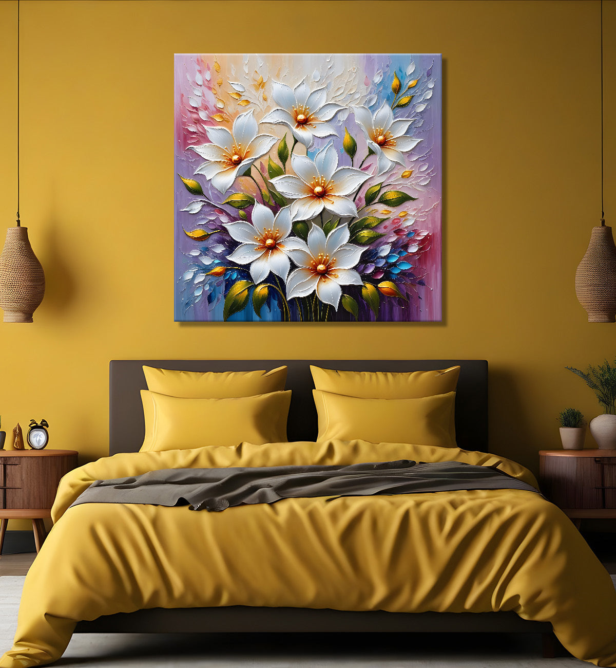 White flowers in colourful background textured painting - Flower-S-47