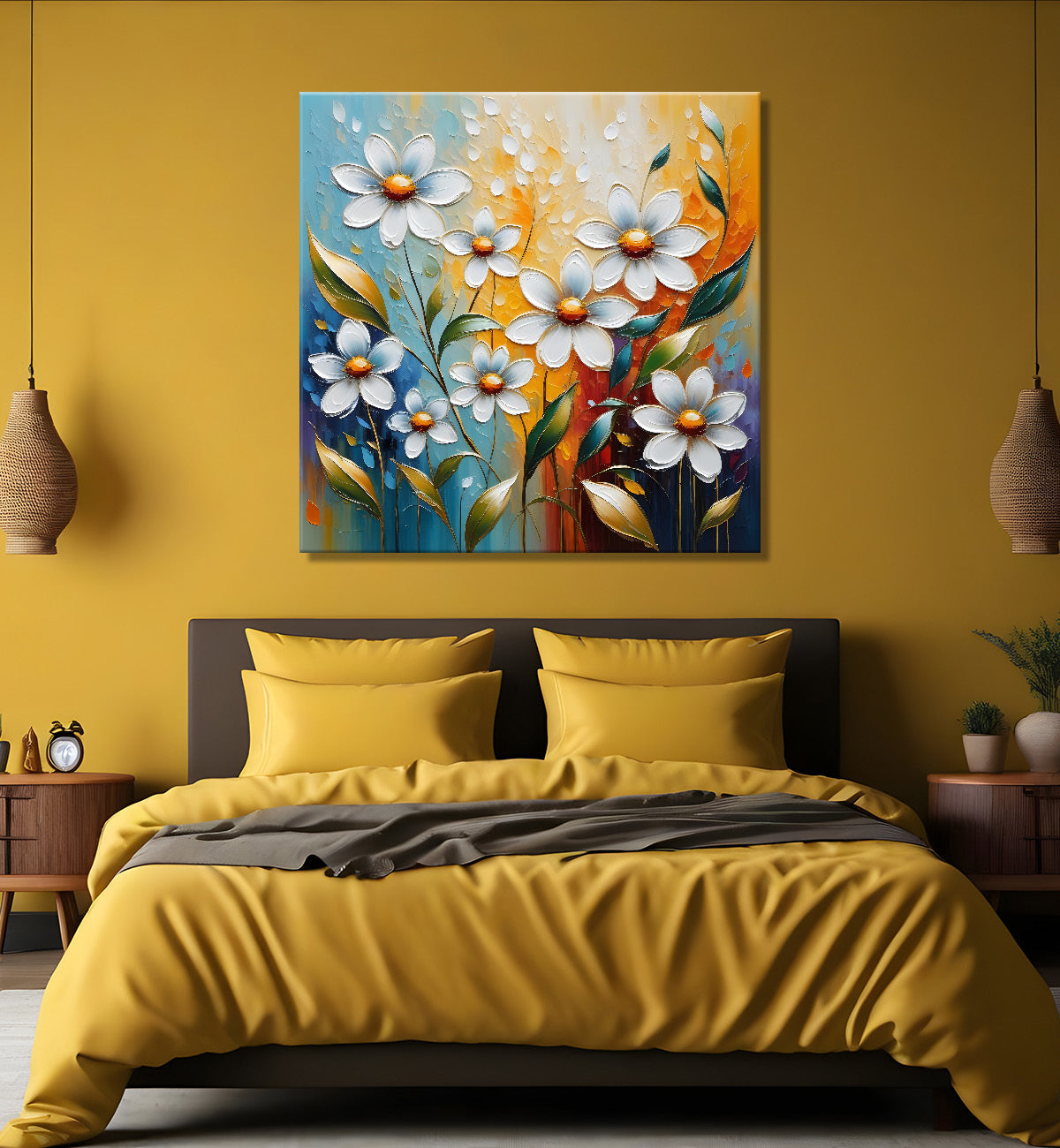 White flowers in colourful background textured painting  - Flower-S-48