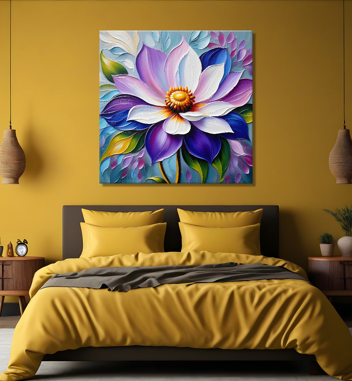 Purple flower in blue background textured painting - Flower-S-49