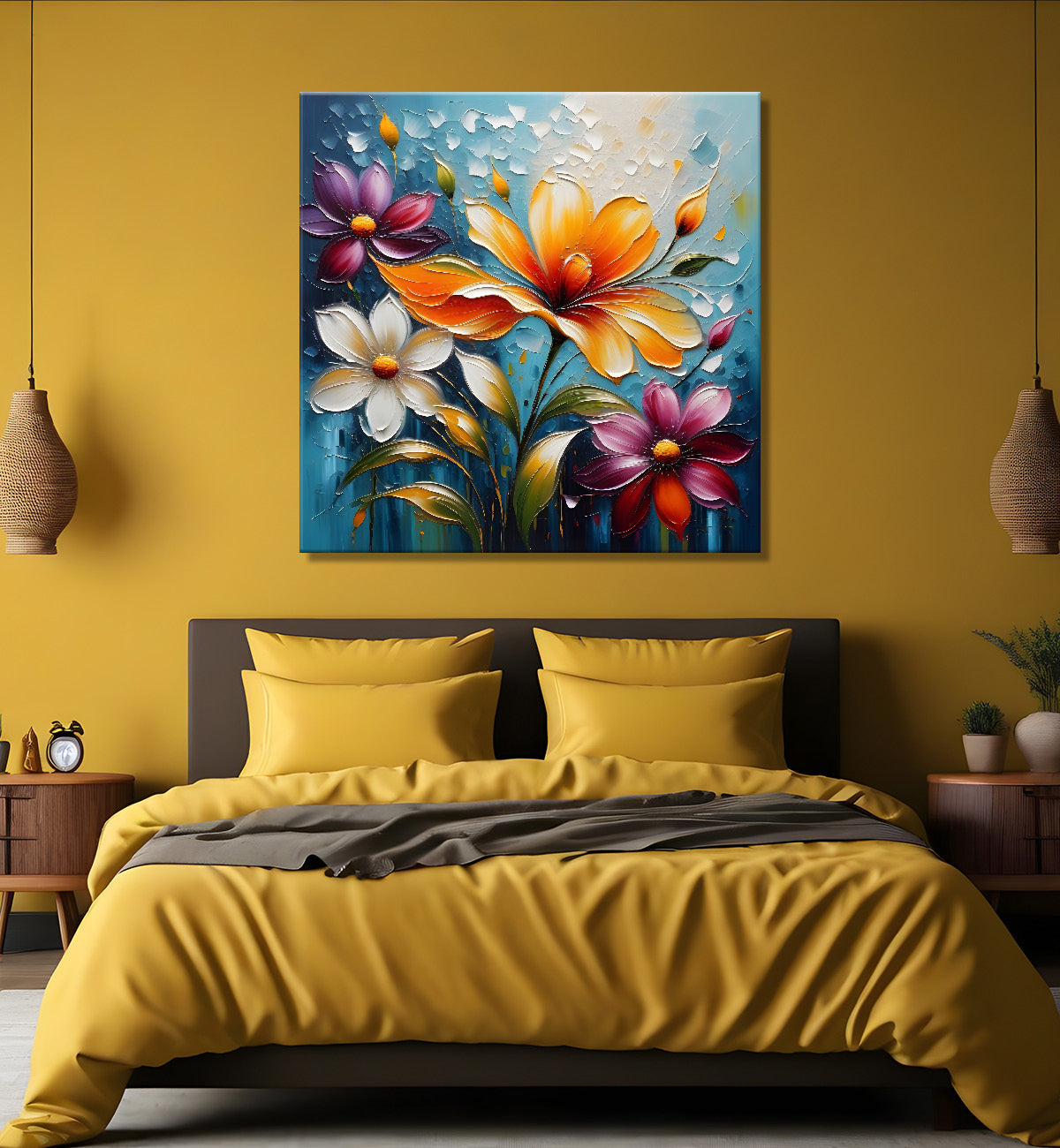 Colourful flowers in blue background textured painting - Flower-S-53