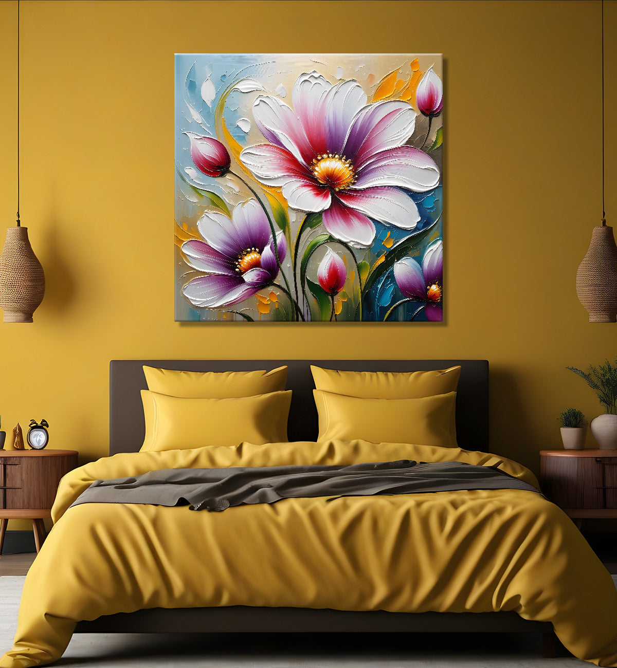 Purple flower in blue background textured painting  - Flower-S-54