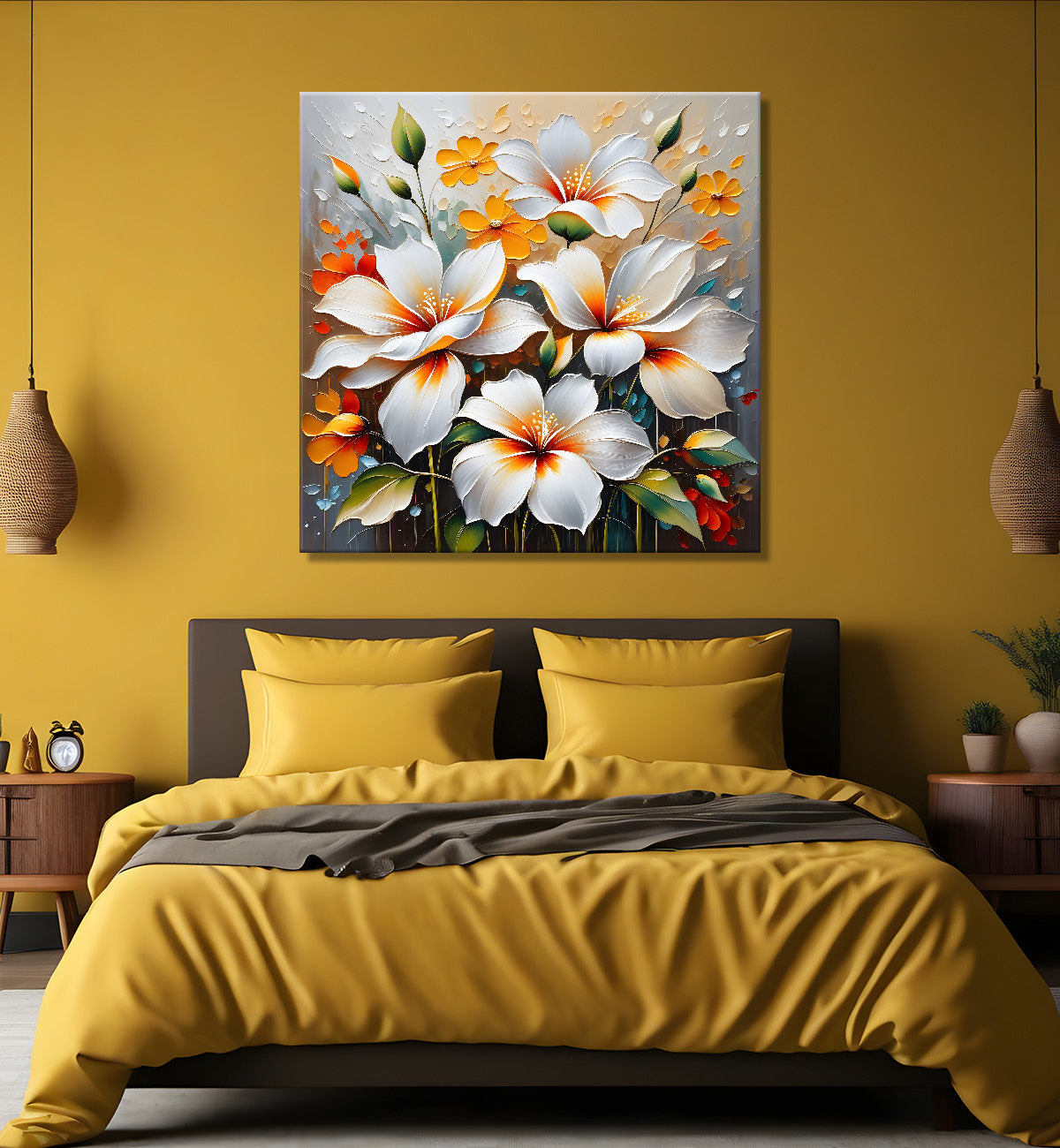 White flowers in grey and yellow background textured painting  - Flower-S-55