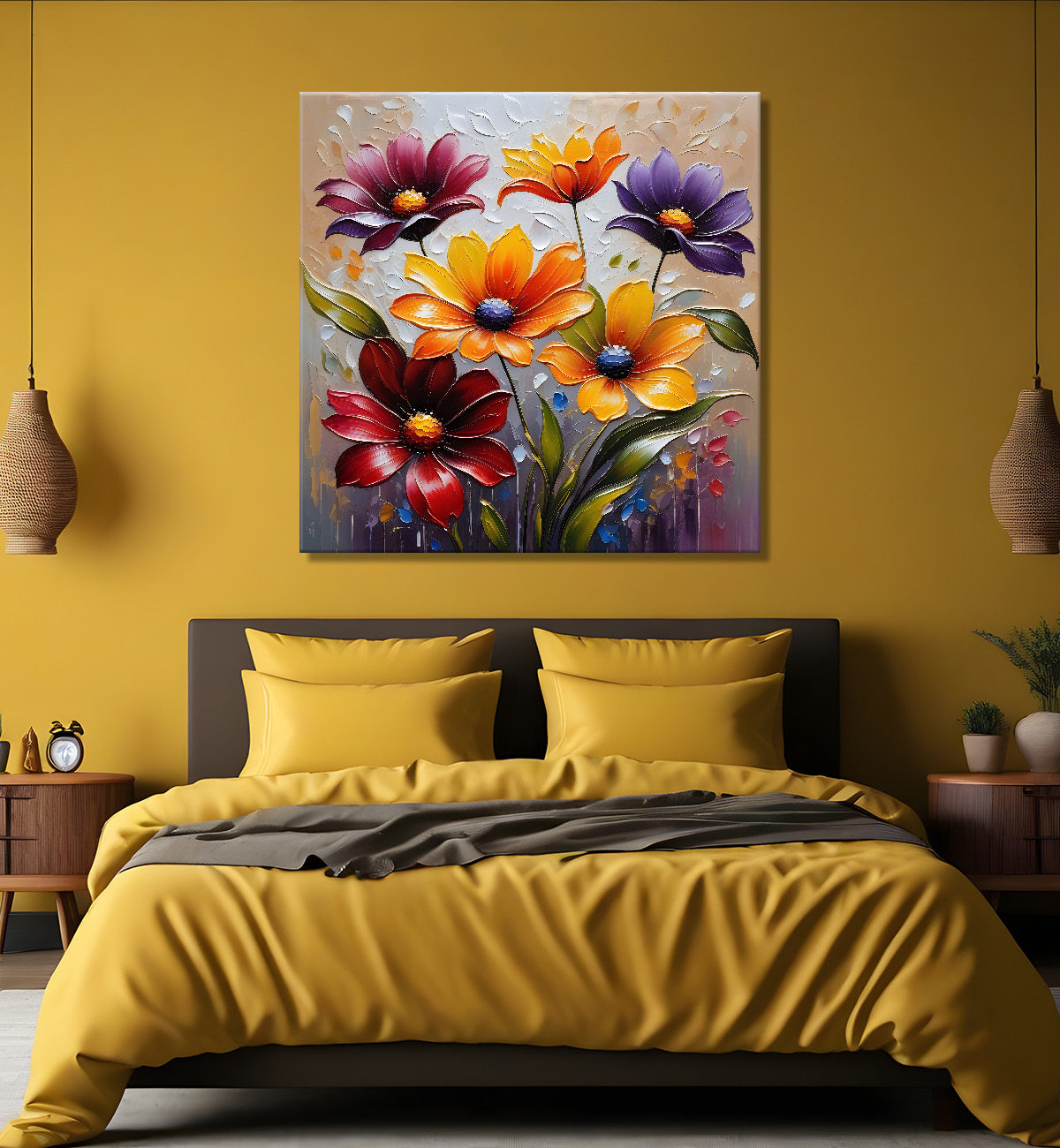 Colourful flowers in light brown background textured painting - Flower-S-56