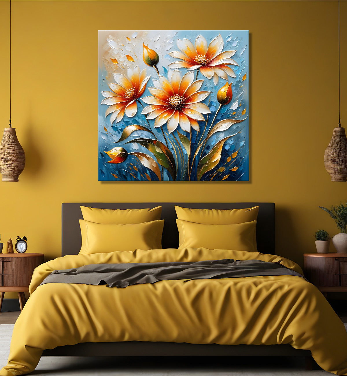 Orange flowers in blue background textured painting - Flower-S-58