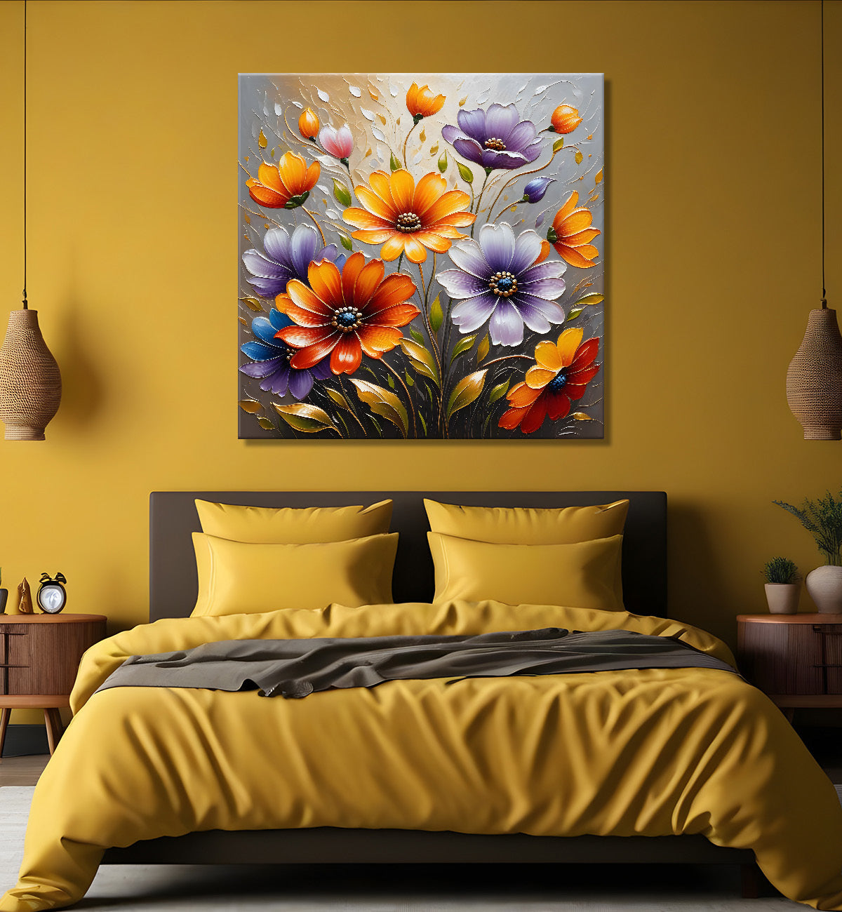 Colourful flowers in light background textured painting - Flower-S-60